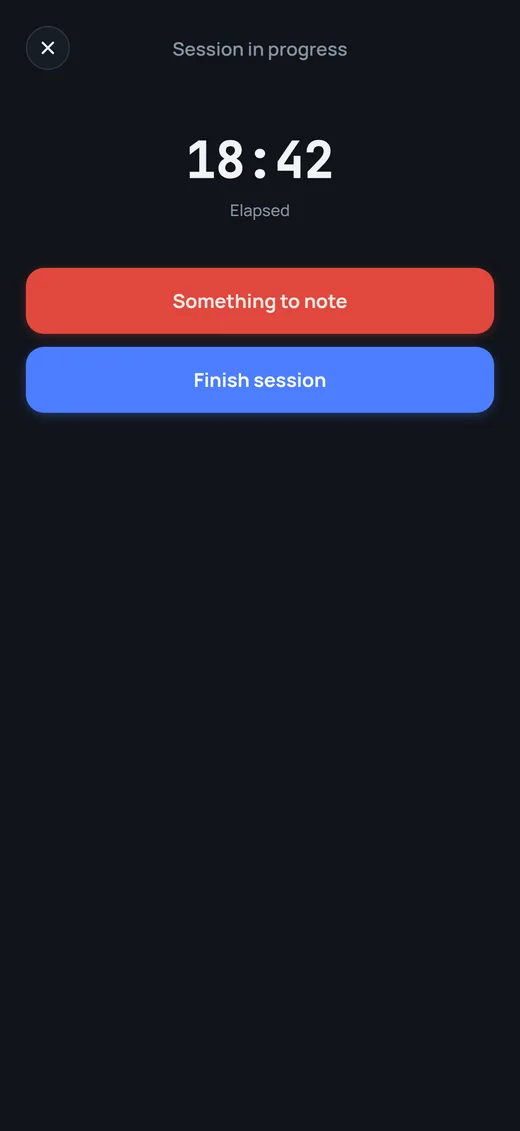 A session in progress with an elapsed timer and buttons to note something or finish the session.