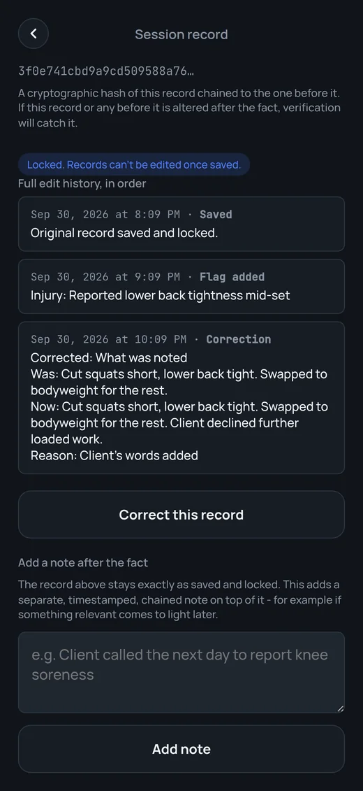 A saved session record showing its hash, a locked notice and its full history.
