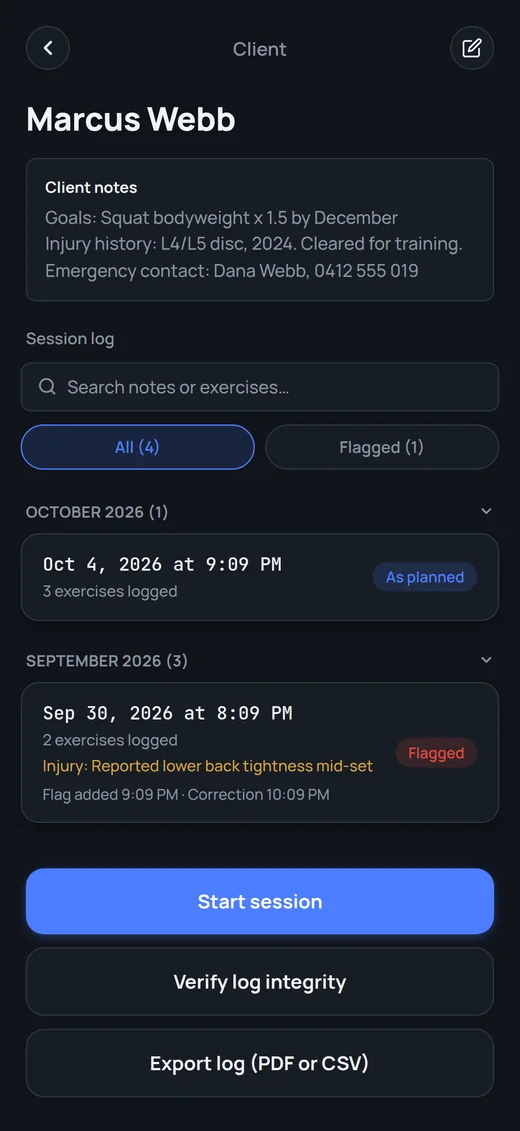 The session log for a sample client, grouped by month, with a flagged session.